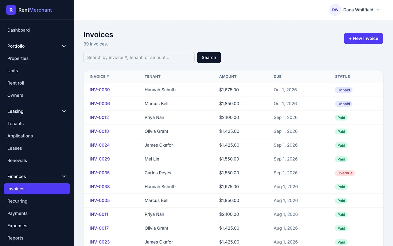 The invoices list with the tenant, amount, due date, and paid, unpaid, or overdue status of every invoice.