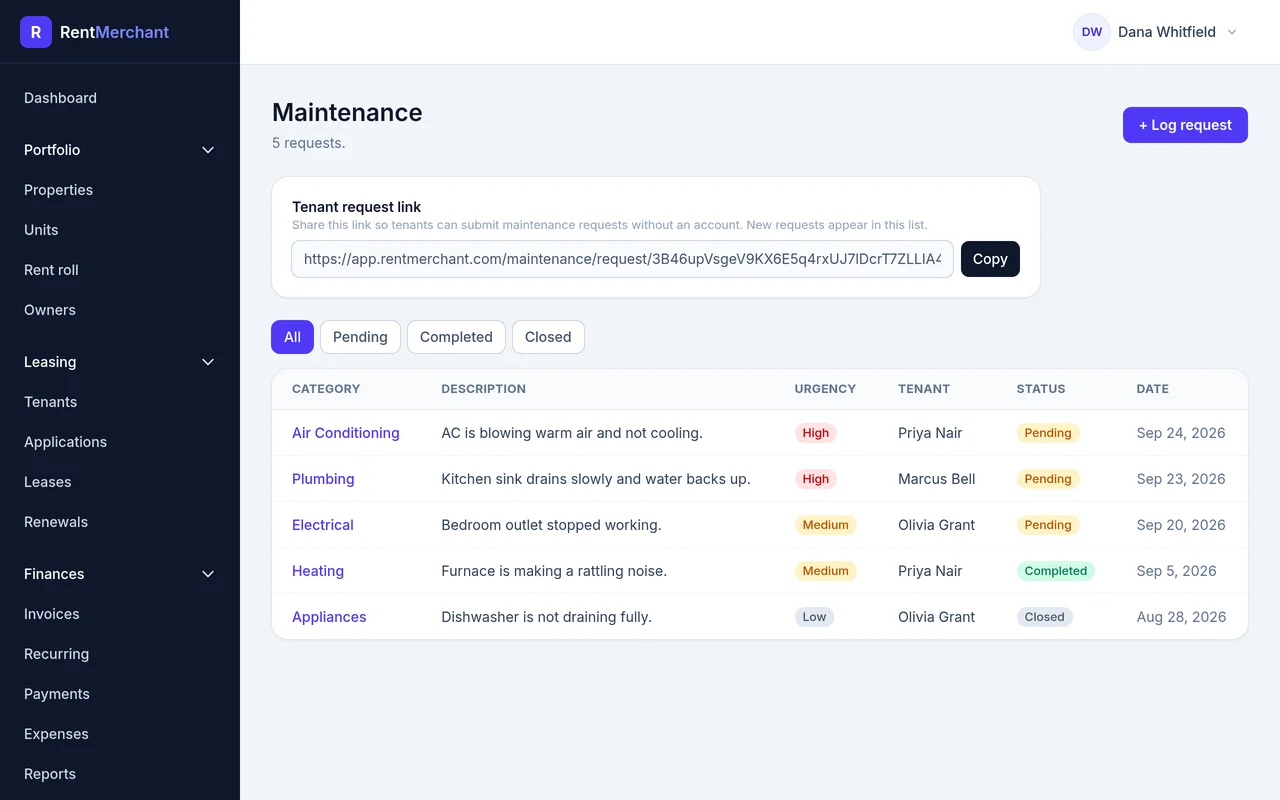 Maintenance requests from tenants with category, urgency, and status.
