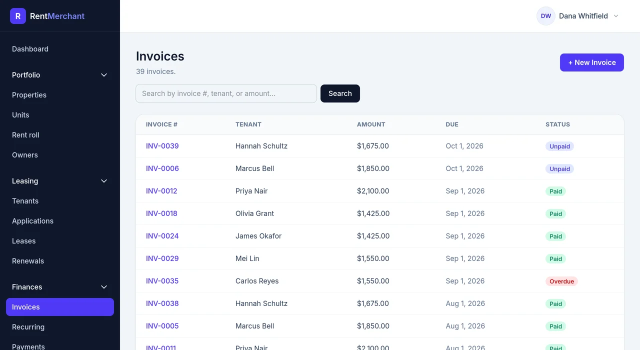 The RentMerchant invoices list: every rent invoice with the tenant, amount, due date, and a paid, unpaid, or overdue status.